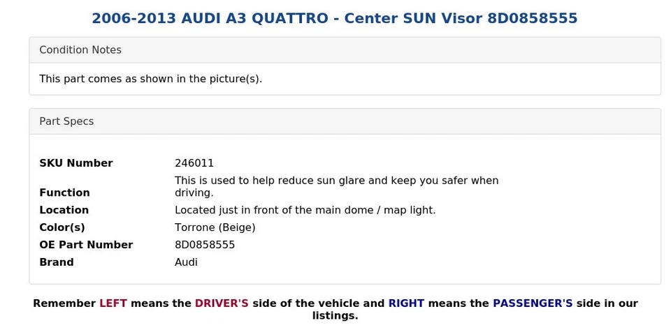 2006-2013 AUDI A3 QUATTRO - центральный солнцезащитный козырек 8D0858555 - Изображение 4 из 4