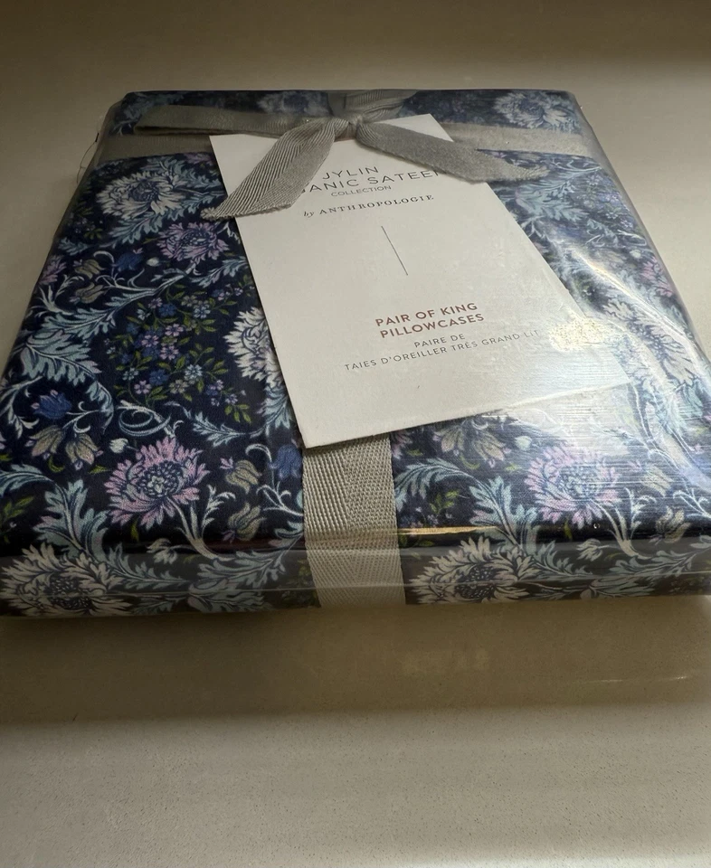 Nuevo juego de 2 fundas de almohada Anthropologie Jylin orgánicas satinadas King, azul floral nuevo con etiquetas Foto 4 de 4