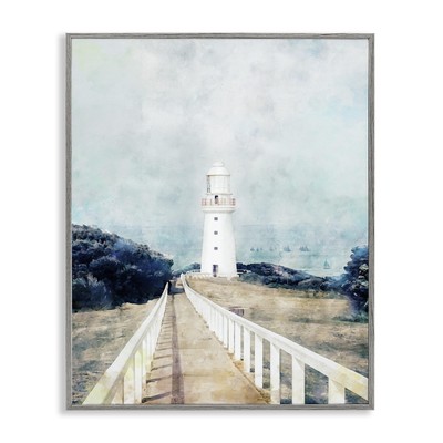 White Lighthouse Boardwalk Rocky Cliff Coastal Landscape Water Grey Framed Wa...