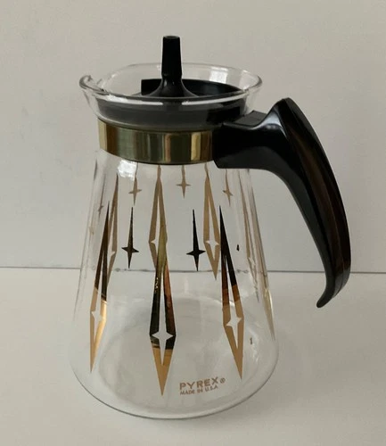 Pyrex vintage 4 cup glass carafe diamond atomic gold star design with lid