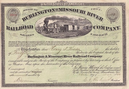 1880 Burlington & Missouri River Railroad - capital stock certificate
