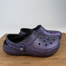 New Big Kids Crocs Classic Lined Space Glitter Glow In The Dark Clogs Sz 2 Y
