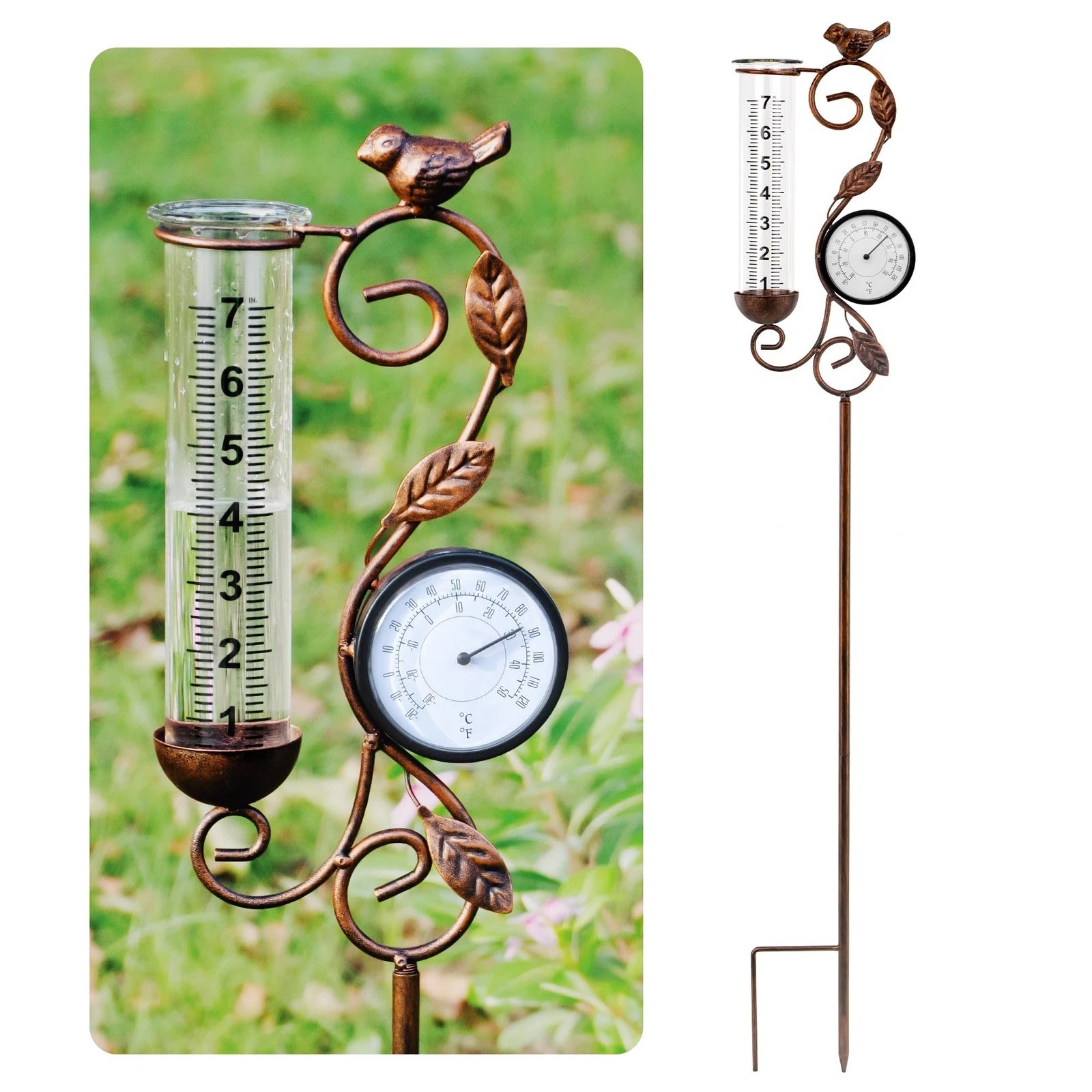 32" Garden Rain Gauge with Thermometer - 7" Glass Tube for Outdoor Indoor Use...