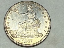 1877-S silver U.S. TRADE DOLLAR. UNC coin, lightly cleaned. #mrd1
