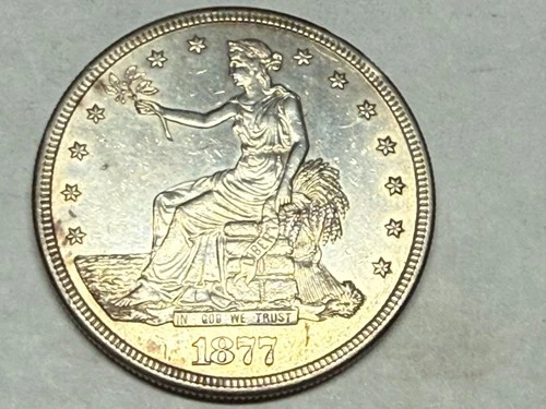 1877-S silver U.S. TRADE DOLLAR. UNC coin, lightly cleaned. #mrd1