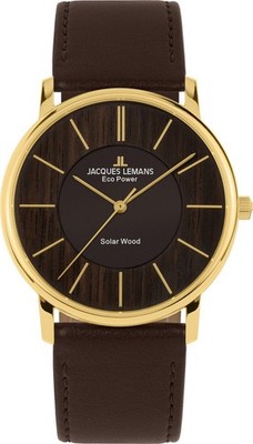 Jacques Lemans Herren Leder Armband Gold + Holz Eco Power Solar Uhr  1-2105B