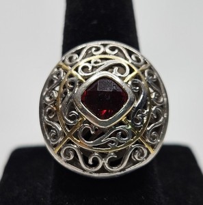 Authentic 925 Sterling Silver w/ Gold Plated Accents Checkerboard Cut Garnet Ring Size 7