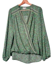 Max Studio Floral Wrap Blouse Sz L Long Sleeve V-Neck Western Office Boho Chic