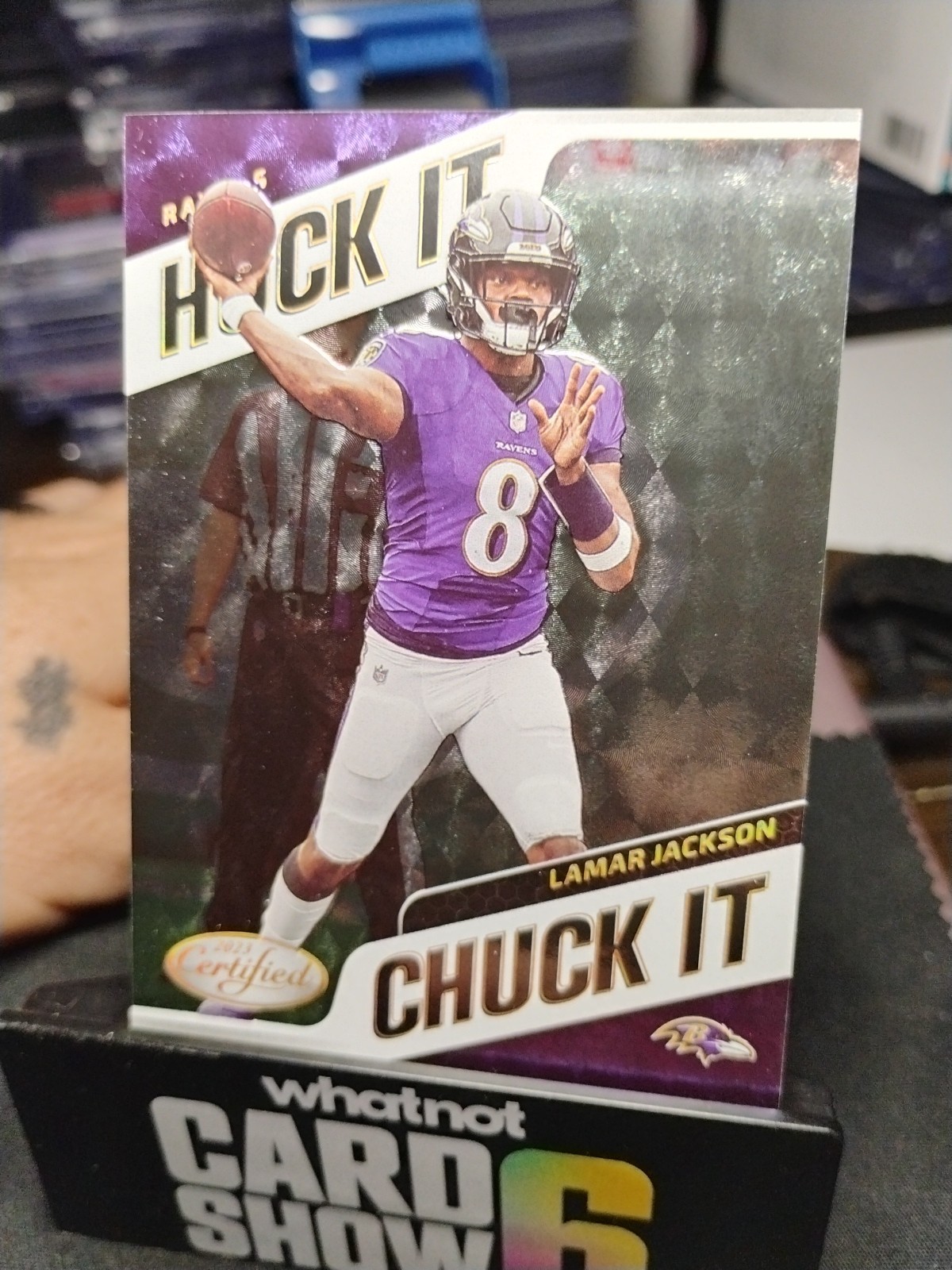 Lamar Jackson 2023 Panini Certified HUCK IT CHUCK IT, SSP Case Hit