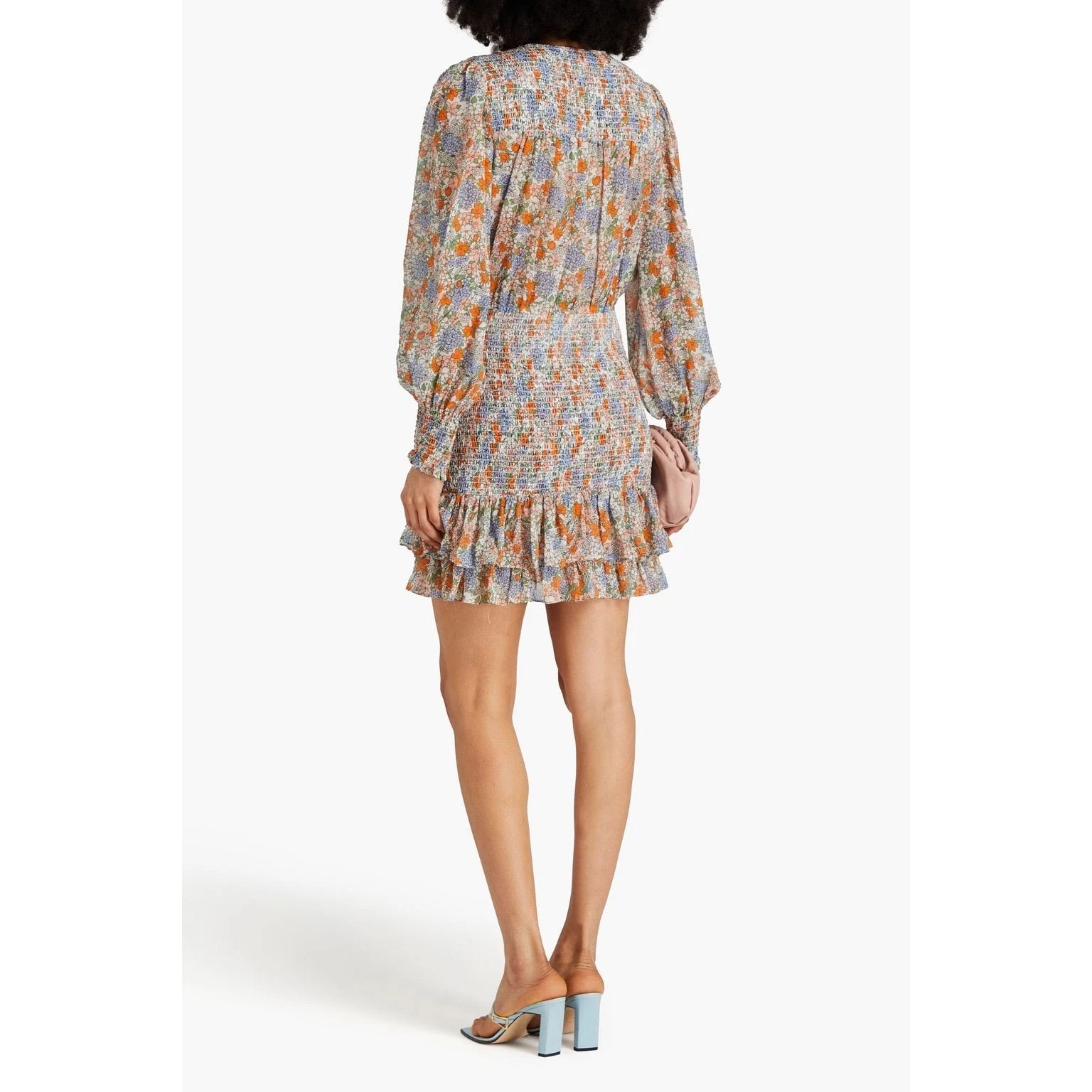 OFF WHITE Abito Veronica Barba Saera Floreale Smocked Manica Lunga Seta in Bianco Off Multi