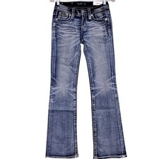 Miss Me Low Rise Bootcut Jeans Women's Size 24 Embellished Blue Distressed Denim