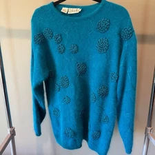 Vintage Rafaella Angora Rabbit Hair Embroidered Floral Sweater Turquoise S