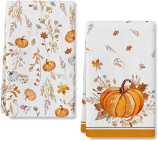 Fall Decorations Pumpkins Flowers Maple Leaves Kitchen Dish Towels 2PCS 18X26"