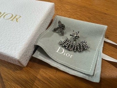 Authentic Christian Dior J'Adior Mismatched Bee Star Earrings Ruthenium Crystal