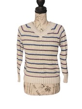 Loft Striped V-Neck Open Stitch Sweater, Size SP