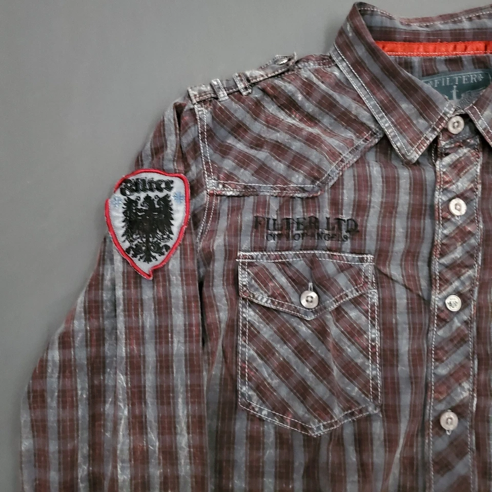 Camisa Filter Para Hombre Pequeña S Manga Larga Abotonada Envejecida Grunge Cuadros Rojo Gris Foto 2 de 4