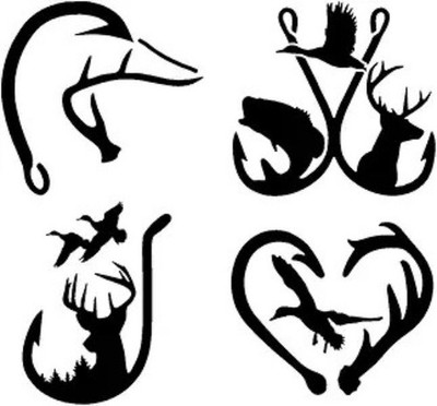 Hunting Decal 4 Pack: Hook Antler Duck, Fishing Hoo Size: Large ~5Color: Black