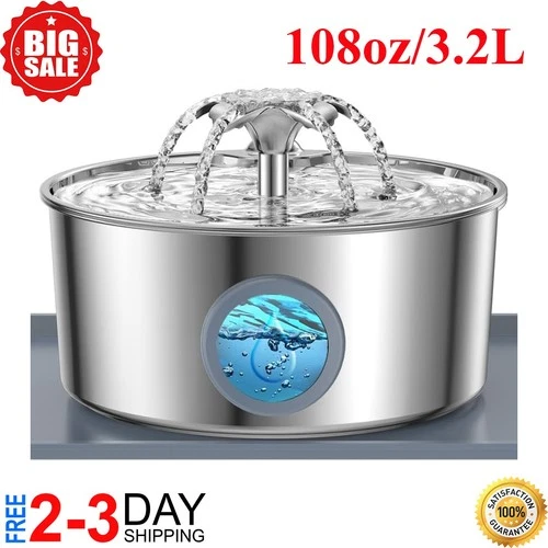 108oz/3.2L Cat Water Fountain Stainless Steel, Automatic Pet Water Dispenser NEW