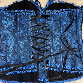 Blue/Black Brocade Ruffled Lace up Corset Bustier