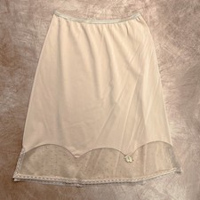 Vintage 60s Lorraine Midi Half Slip Skirt Beige Mesh Polka Dot Trim Lingerie
