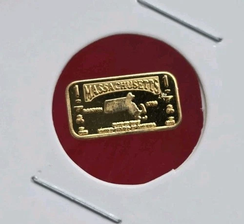 State Of Massachusetts - 1 Gram .999 Fine Silver Mini Bar Ingot - Gold Gilded