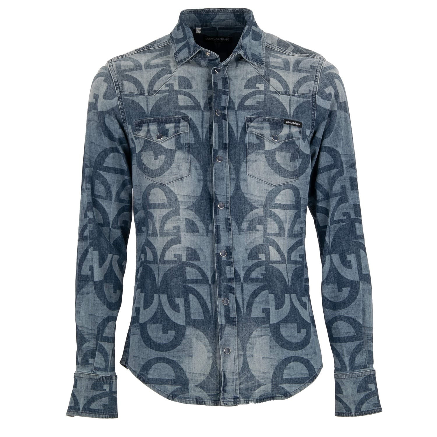 DOLCE & GABBANA Slim Fit DG Logo Denim Jeans Press Button Shirt Blue 38 15 XS