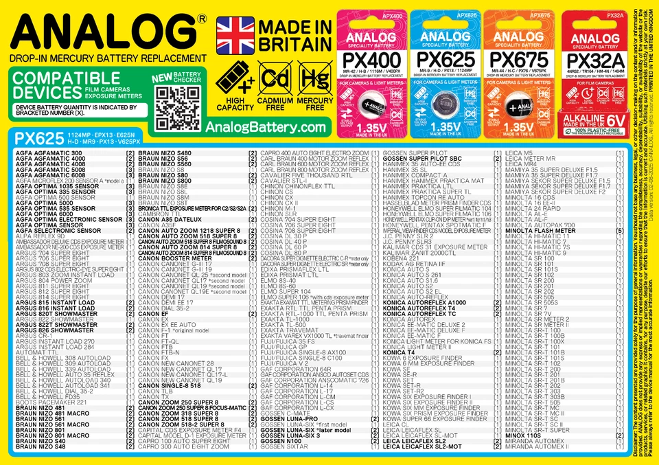 Mercury Battery PX625 1.35V Replacement H-D Film Camera Exposure Meter MR9 PX13 Foto 4 de 4