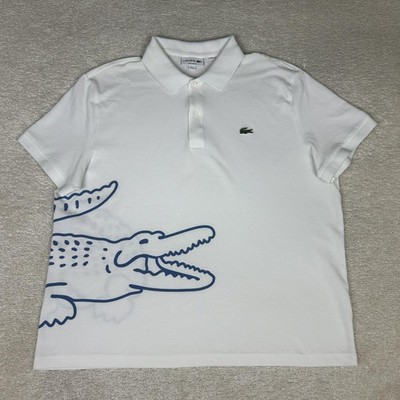 Lacoste Polo Shirt Mens 2XL White Regular Fit Big Crocodile Graphic Logo Cotton