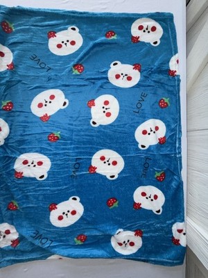 Blue Fleece Throw Blanket Polar Bear Strawberry Love Cartoon Print 36x26