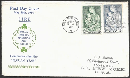 Ireland Marian Year Stamps Set Cachet FDC First Day Cover to USA 1954