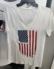 WOMENS V NECK  T-SHIRT FLAG ON FRONT AND SLEEVE,   SIZE S L XL  $13 BOX 5 #10052