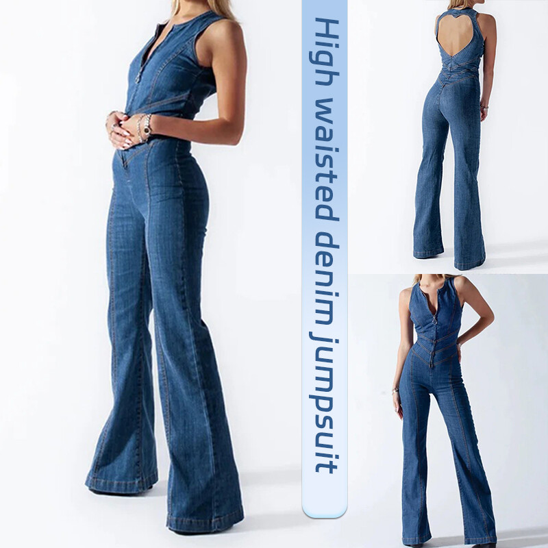 Women Backless Denim Jumpsuit Heart Cutout Sleeveless