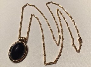 Authentic Vintage Rare Signed MONET Long Necklace 22k Gold Plated Pendant Black Acrylic