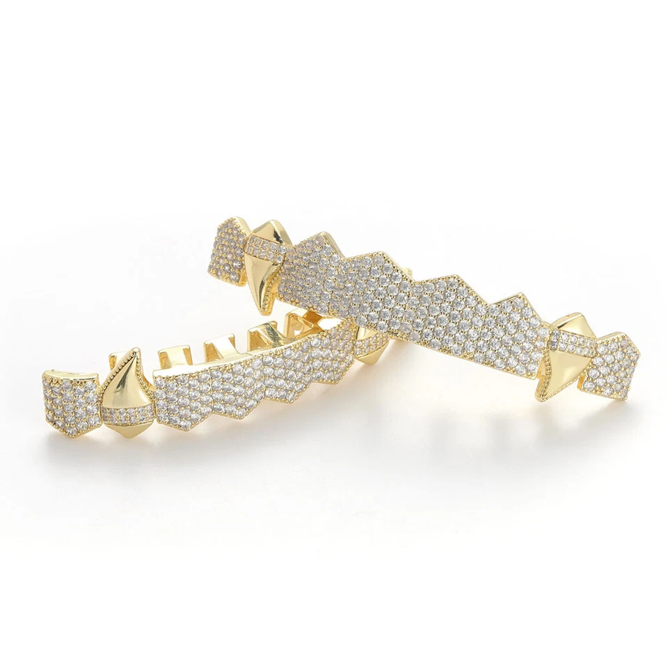 Colmillos Hip Hop Parrillas Grandes 8Top 8Bottom Set 5A+ Circonita cúbica Oro Plateado Dientes Parrilla Foto 3 de 4