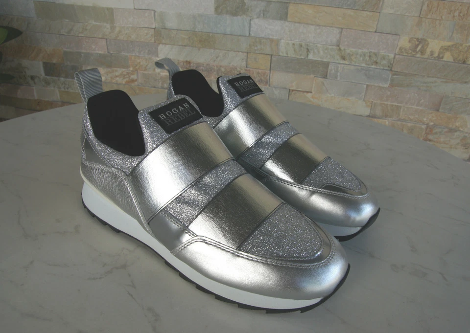 Hogan Rebel Tg. 39,5 Slipper Slip-On Sneakers Scarpe Argento Nuovo Origin. - Immagine 2 di 4