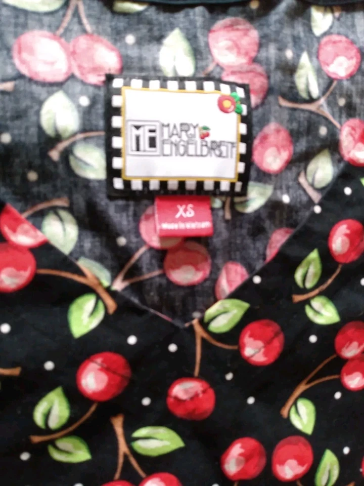 MARY ENGELBREIT M E Size XS Medical Scrub Top Shirt Black Red w/Cherries - Image 2 of 3