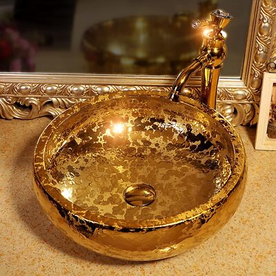 Gold Vessel Sinks Bowl Luxury Gold Glazed Ceramic Vanity Top Sink for Restroom B