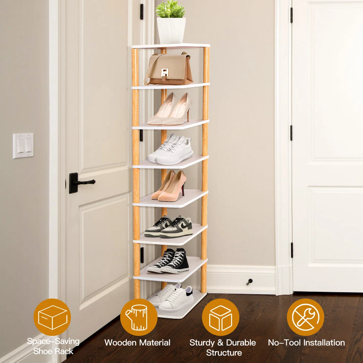 Wood Shoe Rack Narrow Shoe Rack 8 Tier,Vertical Shoe Shelf for Small  Spaces, Tall Skinny Shoe Rack Organizer for Entryway Closet Corner Bedroom  - Free