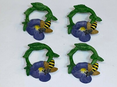 Bumble Bees Green Leaves Violet Purple Bud Flowers 4 Napkin Rings Holder Set LOT