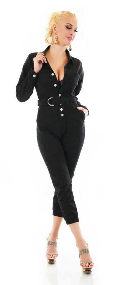 Langarm Jeans Overall Hose Jumpsuit Einteiler  Leger 3/4 Länge Gürtel S M L XL - Bild 4 von 4