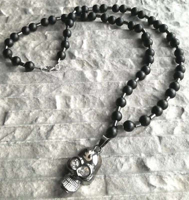 Halskette totenkopf Onyx Stein Edelstein Biker skull rock Schädel herren damen  - Bild 1 von 4
