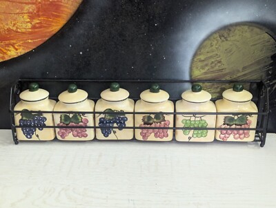 Six Grape Writing Spice Jars Style Eyes Baum Bros Green Purple Red Grapes & Rack