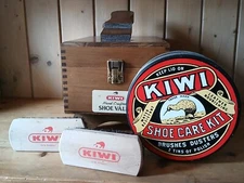  Vintage Kiwi Wood Shoe Shine Valet Box With 2 brushes & Tin