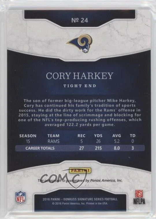 2016 Panini Donruss Signature Series Holo Silver /50 Cory Harkey #24 Auto - Image 2 of 2