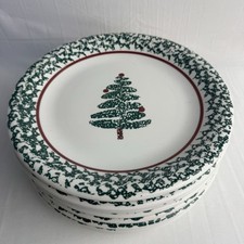 Furio Christmas Tree Dinner Plates Italy Green Sponged 10 1/4  Set Of 8