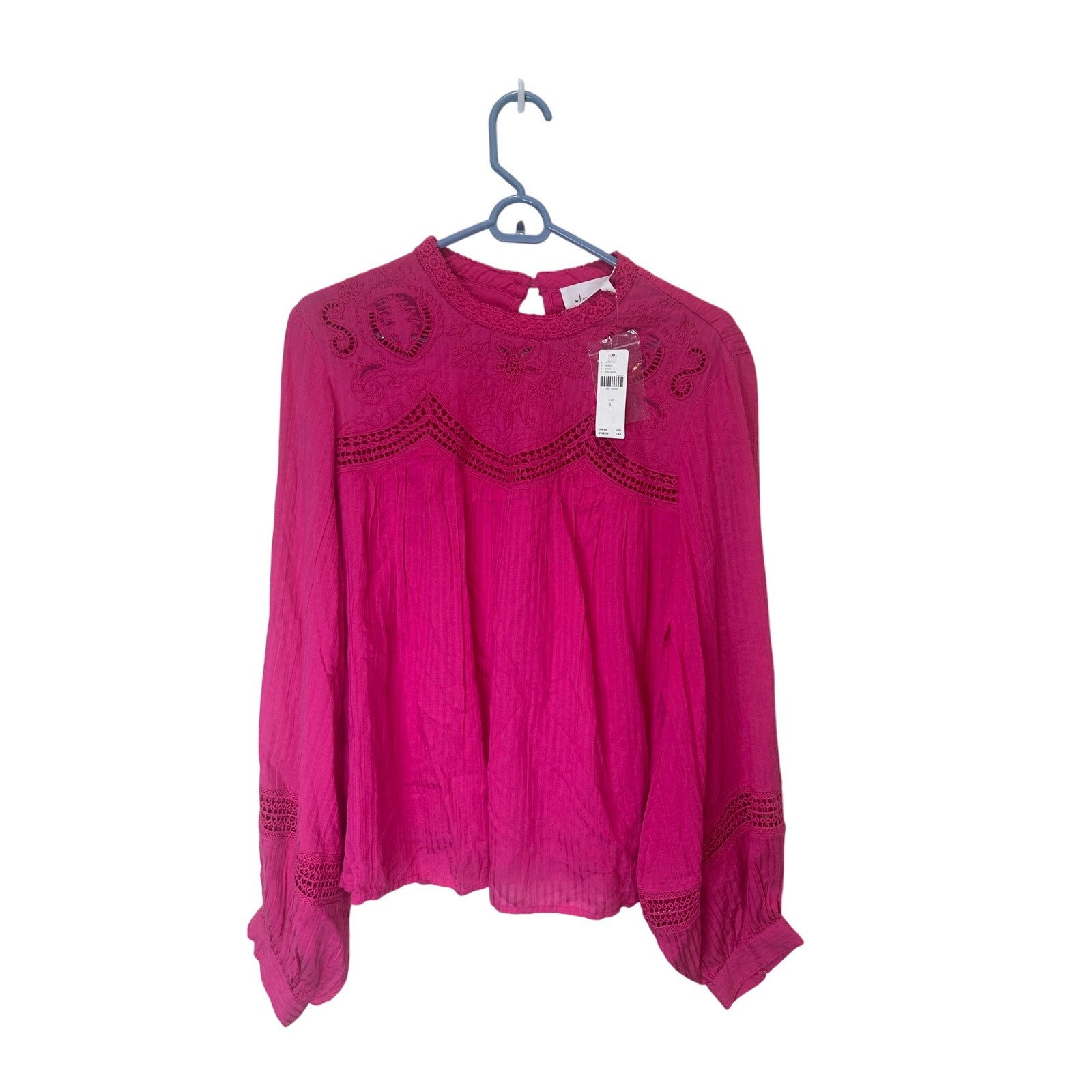 Anthropologie NWT Harmony Hot Pink Lace Long Sleeve Embroidered Blouse Size L