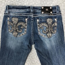 Miss Me Signature Skinny Jeans Womens 31 Blue Fleur De Lis Rhinestone Pockets