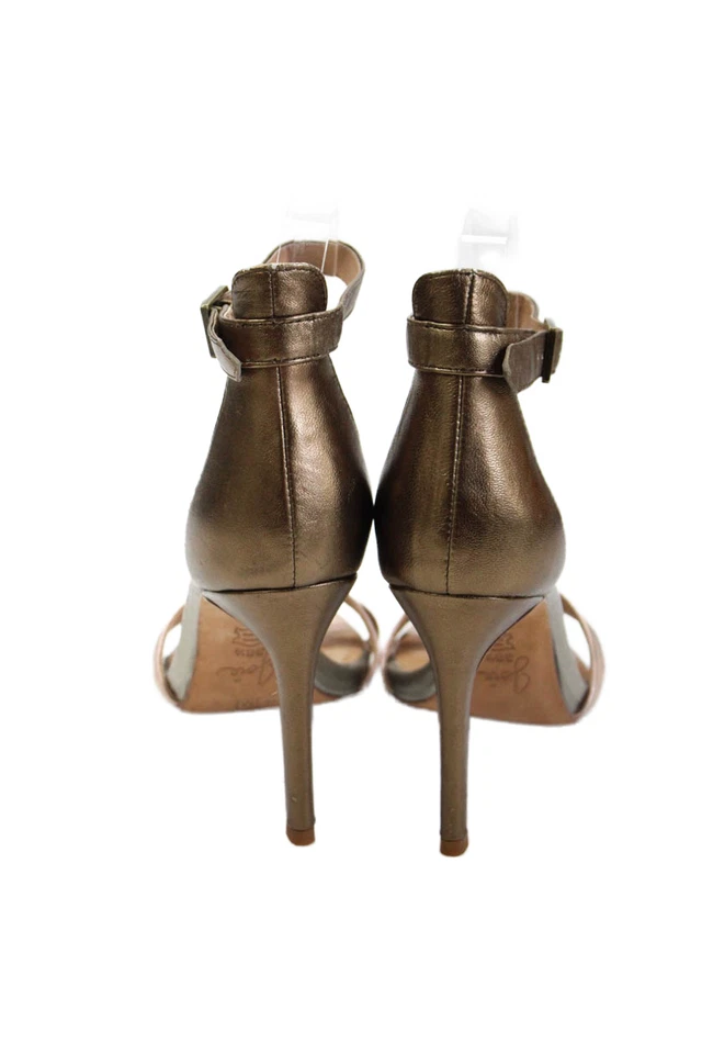 Tacones de aguja Joie para mujer de cuero con doble correa punta abierta dorados talla 8,5 Foto 3 de 4