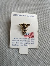 Guardian Angel Alabaster Pin Made In USA Good Luck Lapel Gold Tone Jewelry