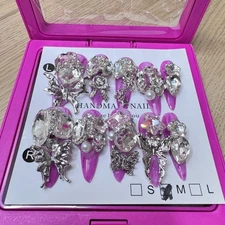 Handmade Hard Gel Press on Nail Art Kit Sz M Jewel Butterfly Pearl Charm Pink